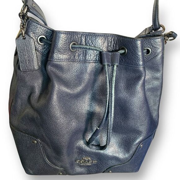 Coach Mickey Drawstring NavyBlue Pebbled Leather Bucket Convertible Shoulder Bag - Picture 2 of 15